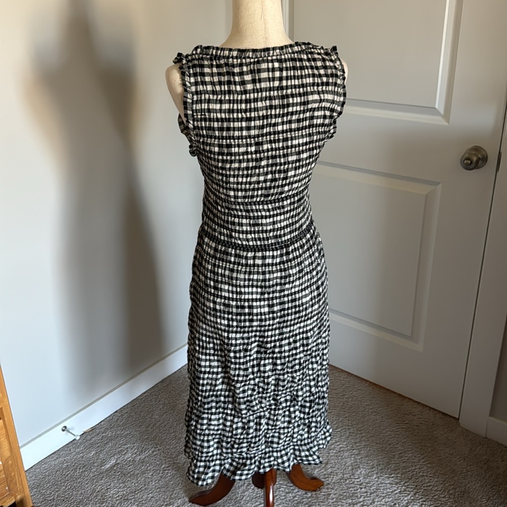 DÔEN Rosella Smocked Plaid Knee-Length Dress Black White Gingham Medium - Picture 7 of 11